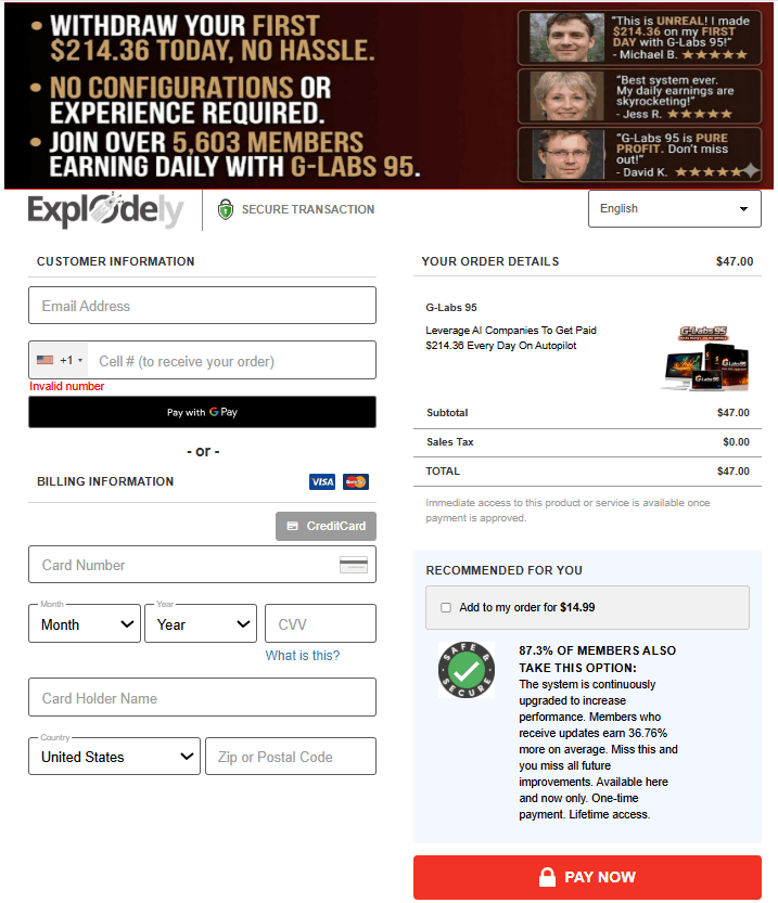 G-Labs 95 Checkout Page